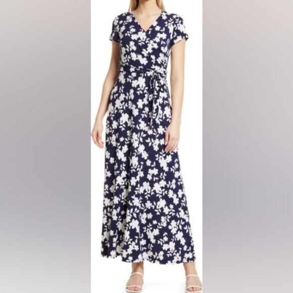 Eliza J SZ 6 Blue White Floral V-Neck Faux Wrap Belted Maxi Stretch Dress - Picture 2 of 10
